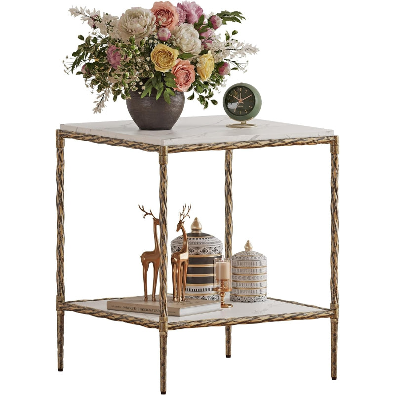 2‑Tier Gold White Square End Table