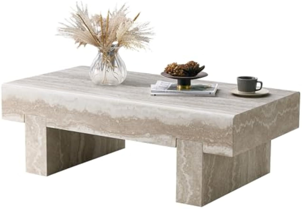 Mid‑Century Travertine Coffee Table with Storage