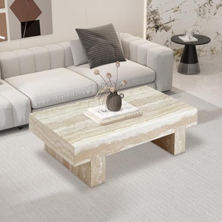 Mid‑Century Travertine Coffee Table with Storage