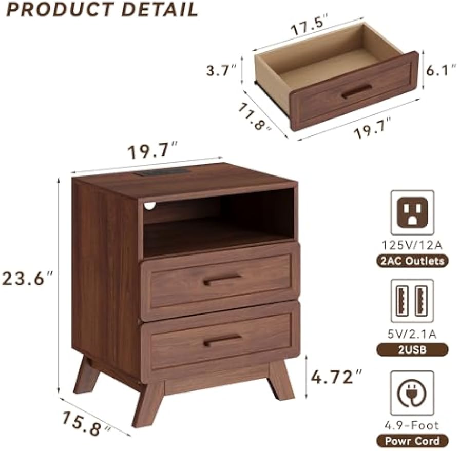 Walnut Nightstand with Charging Station