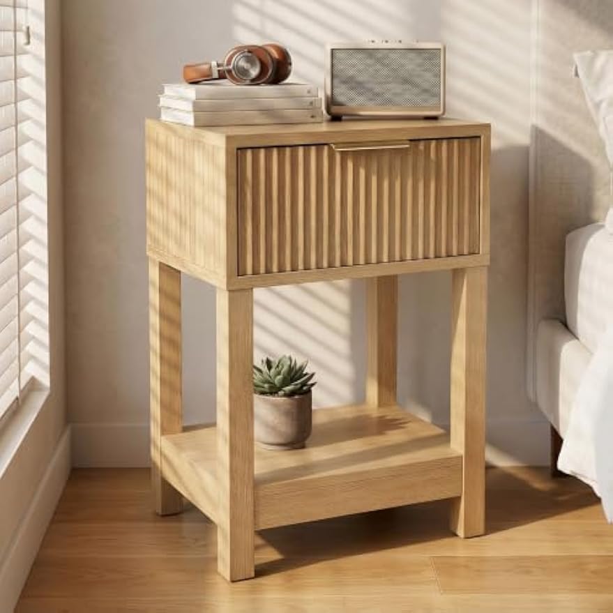 Mid‑Century Fluted Solid Wood Nightstand