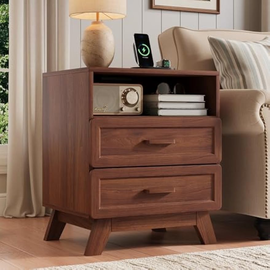 Walnut Nightstand with Charging Station