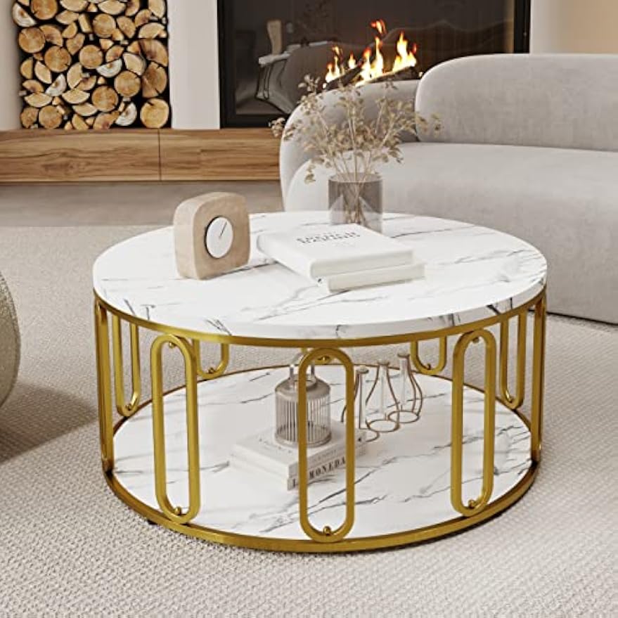 Round Faux Marble Coffee Table Gold Legs