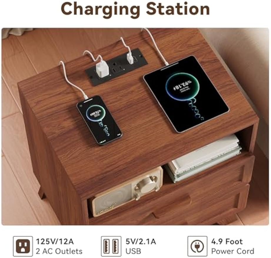 Walnut Nightstand with Charging Station