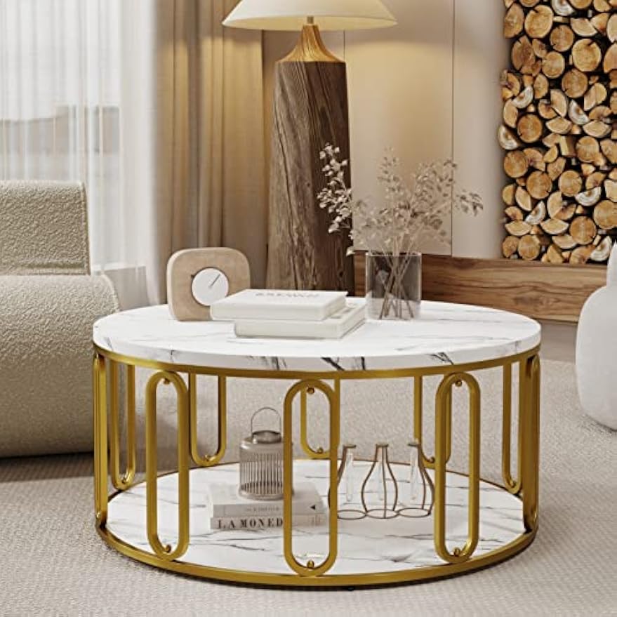 Round Faux Marble Coffee Table Gold Legs