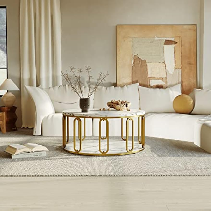 Round Faux Marble Coffee Table Gold Legs