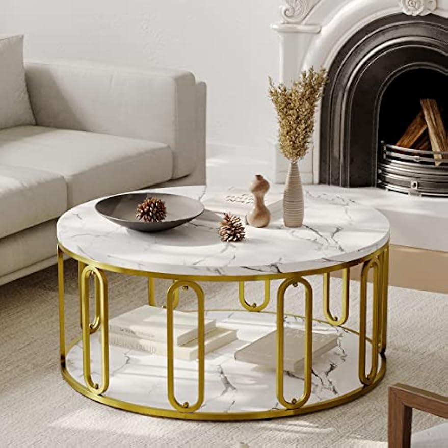 Round Faux Marble Coffee Table Gold Legs