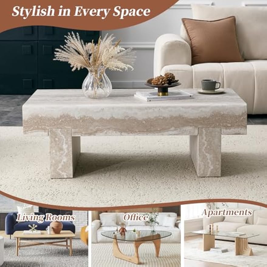 Mid‑Century Travertine Coffee Table with Storage