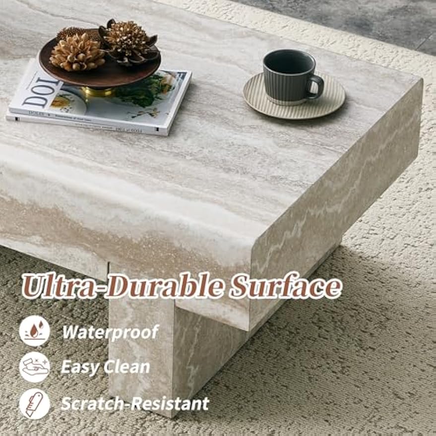 Mid‑Century Travertine Coffee Table with Storage