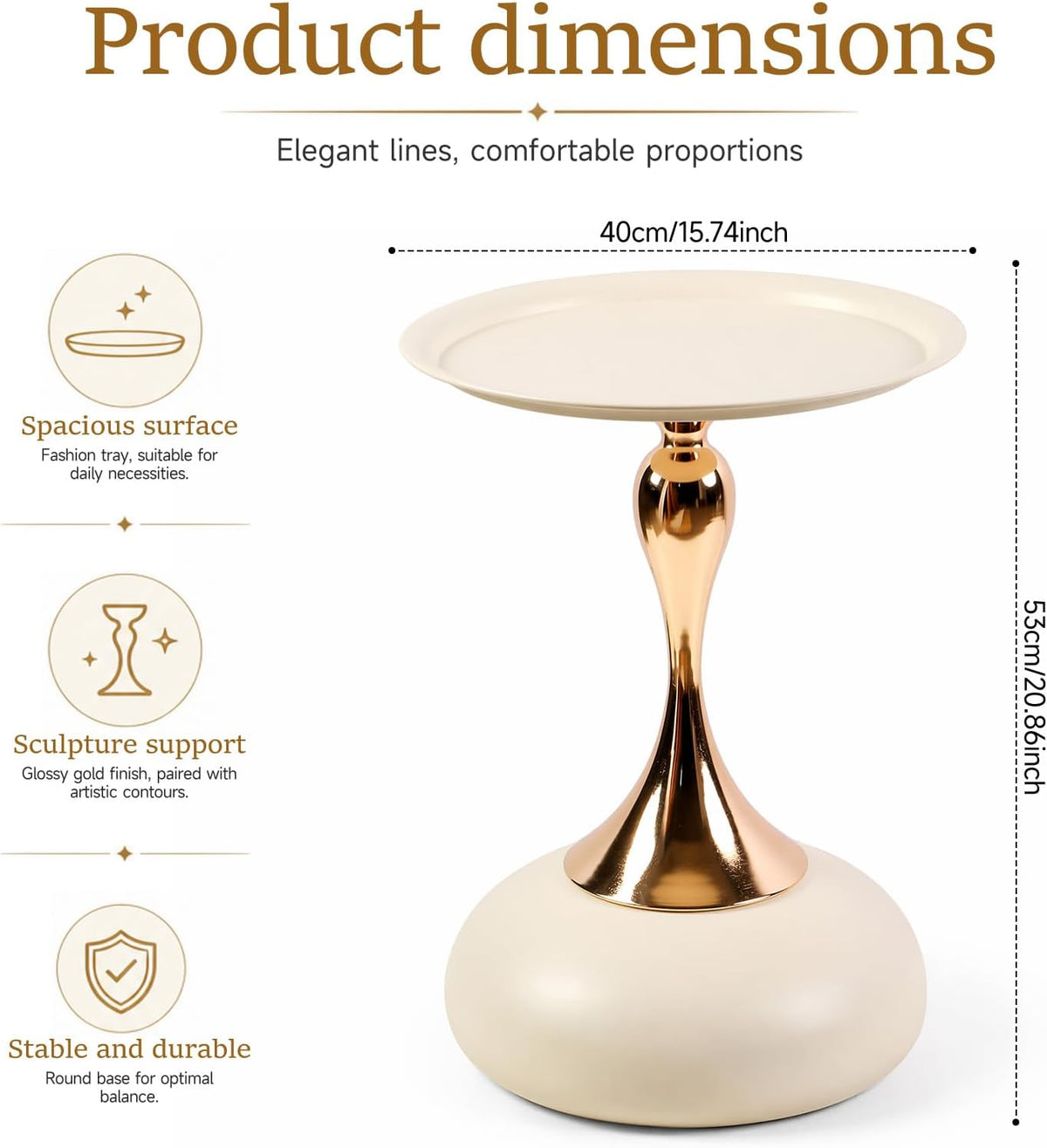 Gold Metal Pedestal Round Tray‑Top Side Table