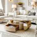 Oval Faux Marble Coffee Table with Drawer
