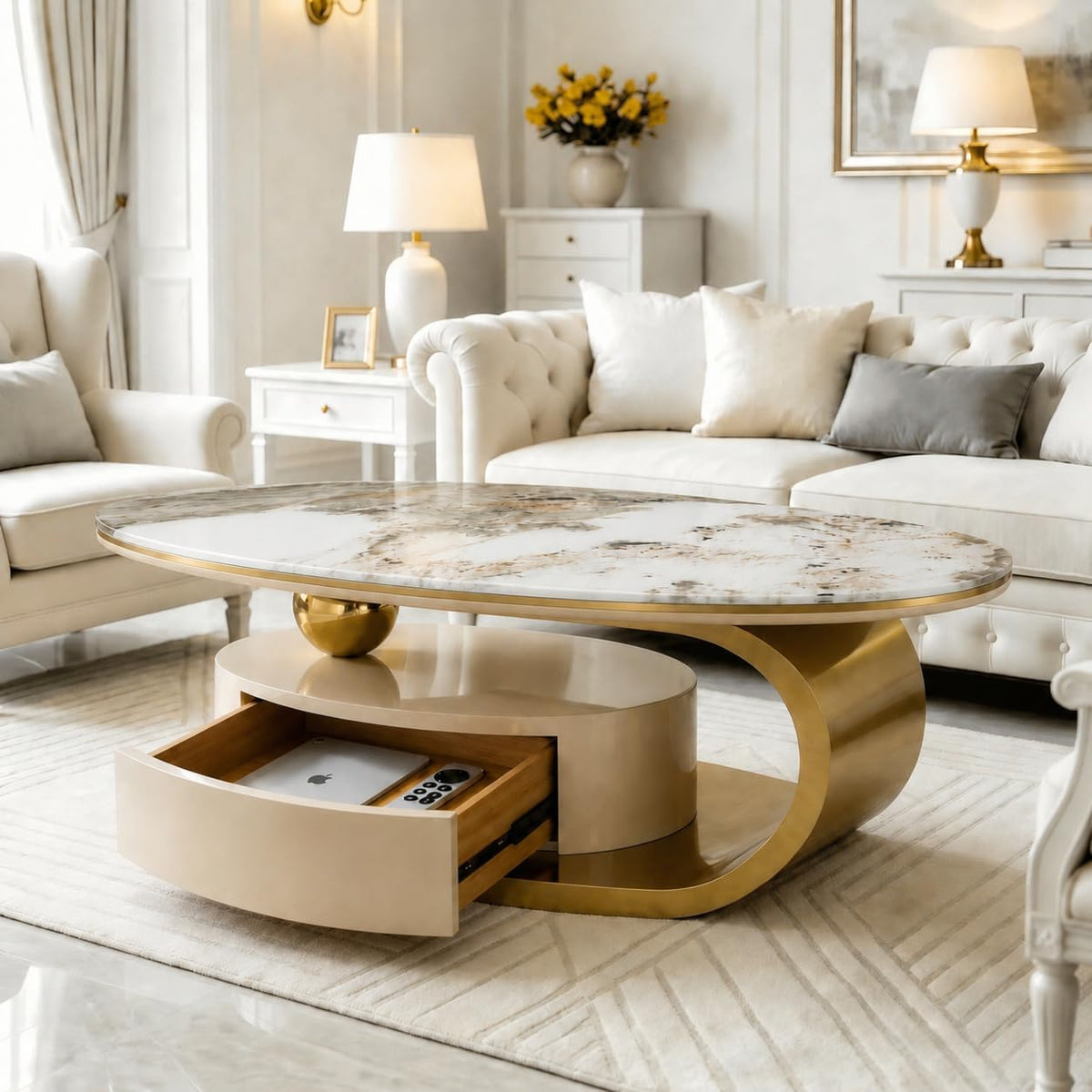 Oval Faux Marble Coffee Table with Drawer