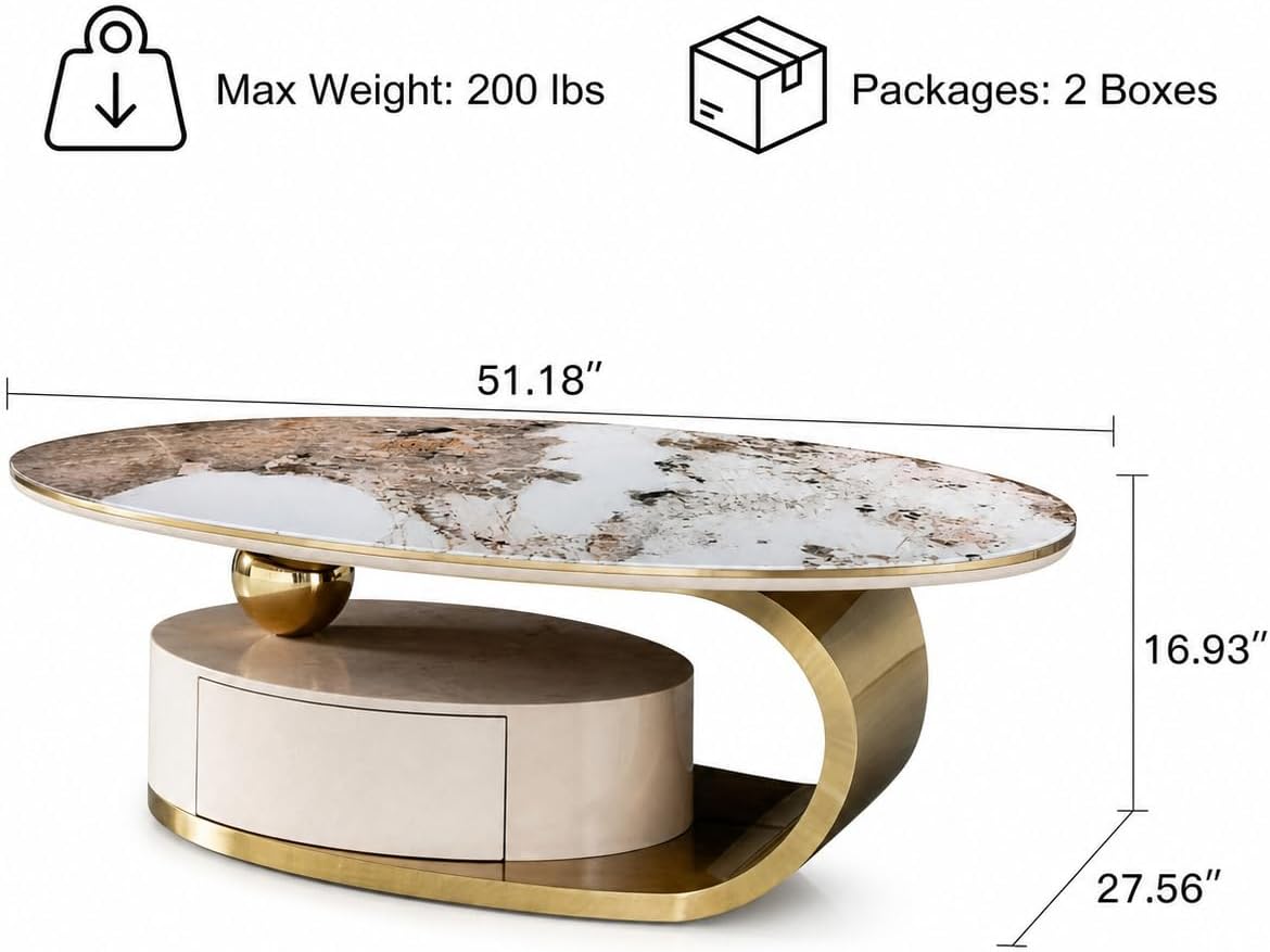 Oval Faux Marble Coffee Table with Drawer