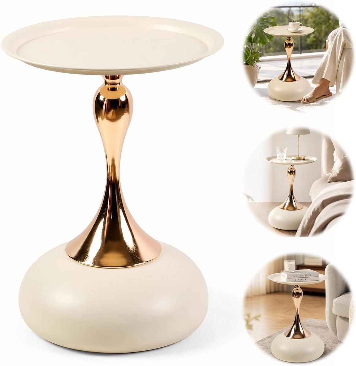 Gold Metal Pedestal Round Tray‑Top Side Table