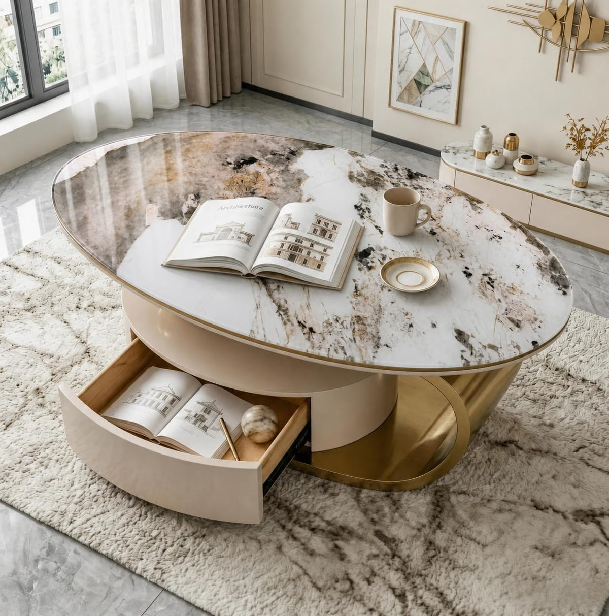 Oval Faux Marble Coffee Table with Drawer