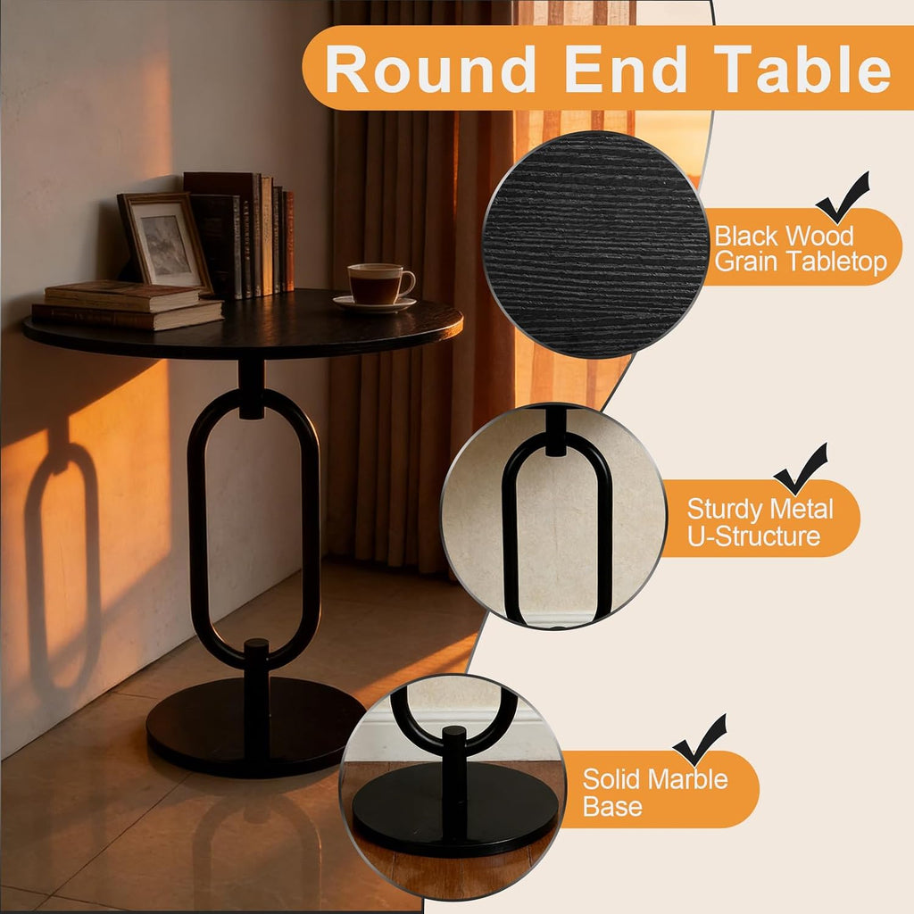 Black Round Side Table with Marble Base
