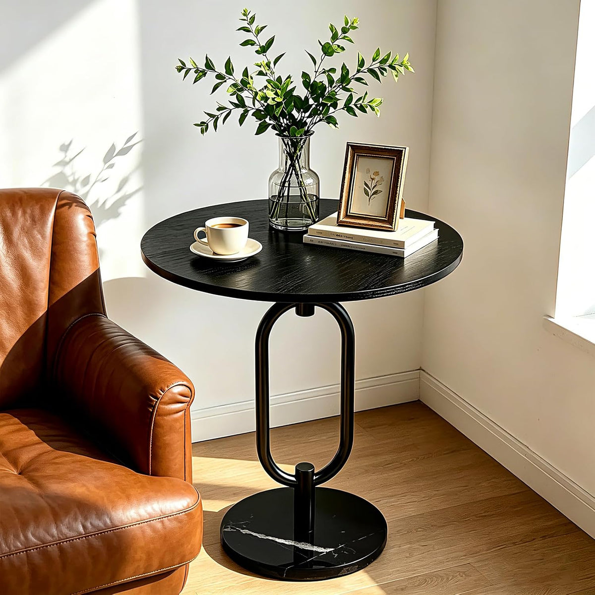 Black Round Side Table with Marble Base
