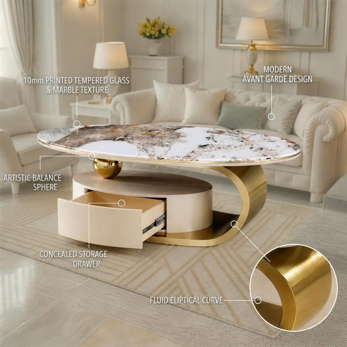 Oval Faux Marble Coffee Table with Drawer