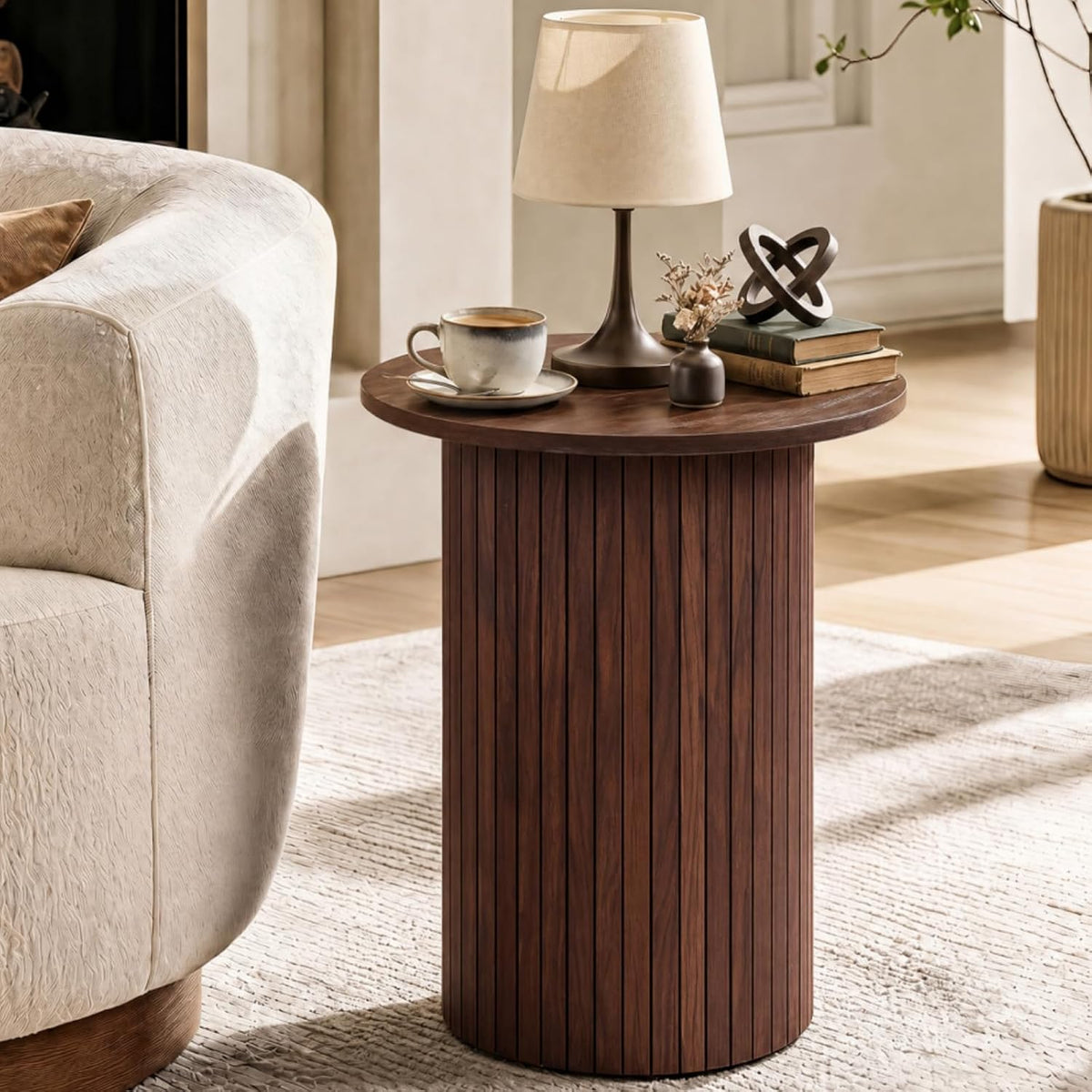 Fluted Round Wood Side Table
