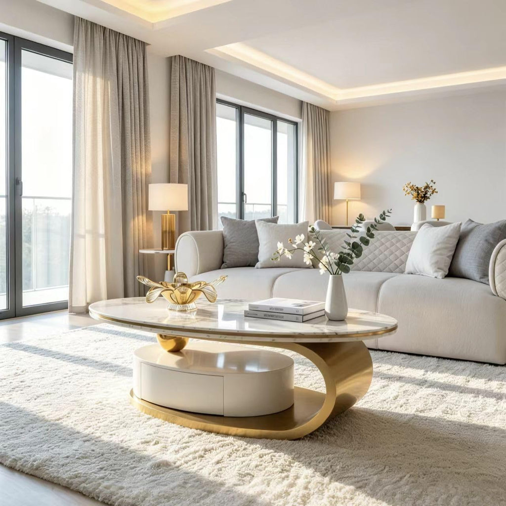 Oval Faux Marble Coffee Table with Drawer