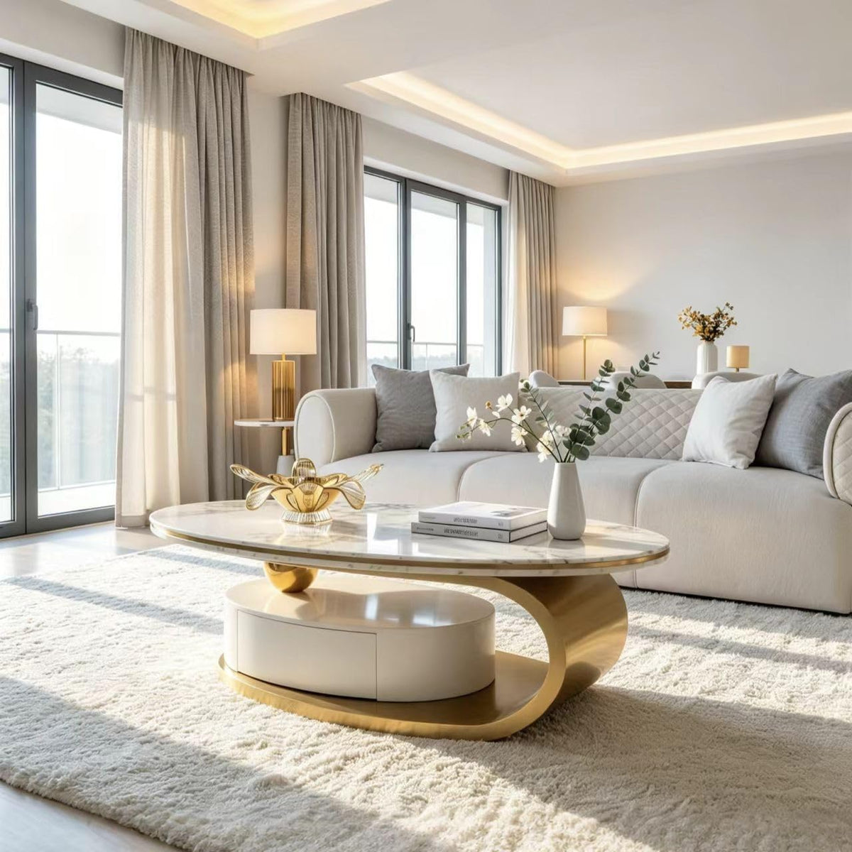 Oval Faux Marble Coffee Table with Drawer