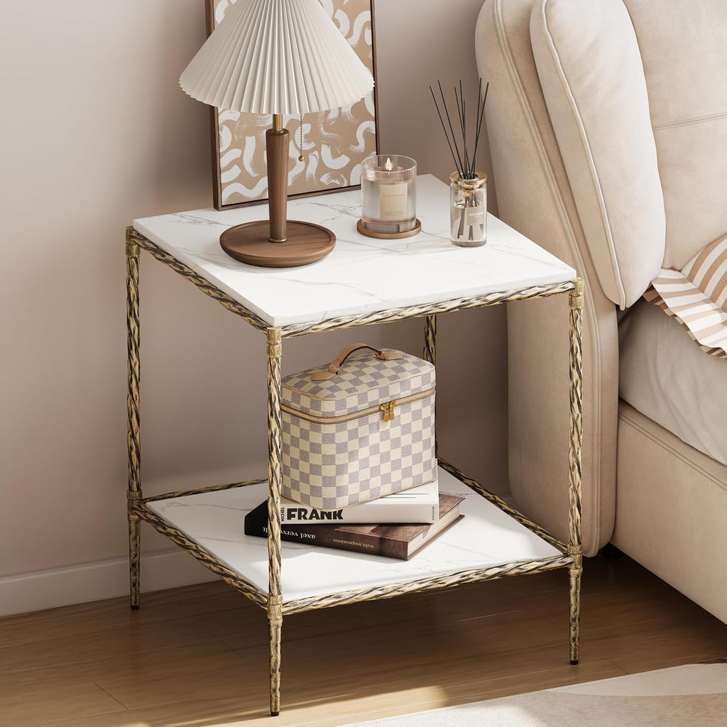 2‑Tier Gold White Square End Table