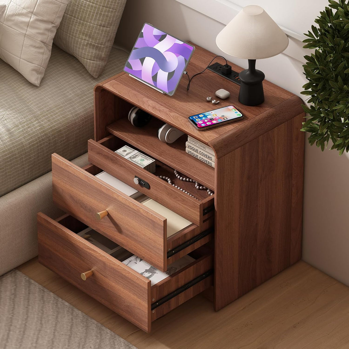 Mid‑Century Wood Nightstand with Lockable Drawer