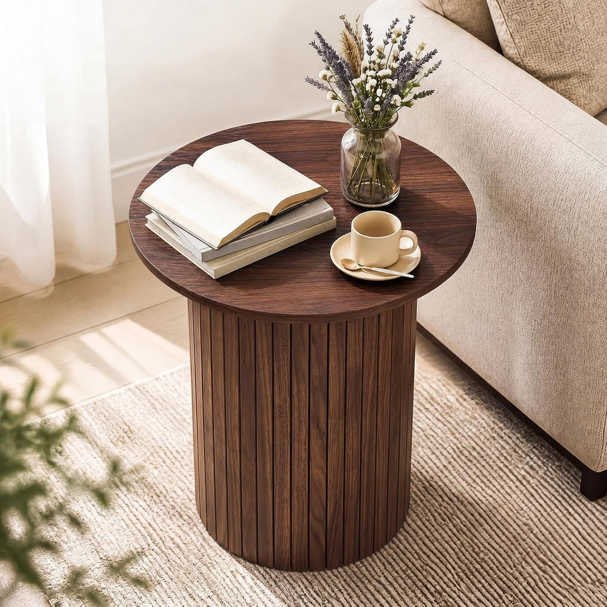 Fluted Round Wood Side Table