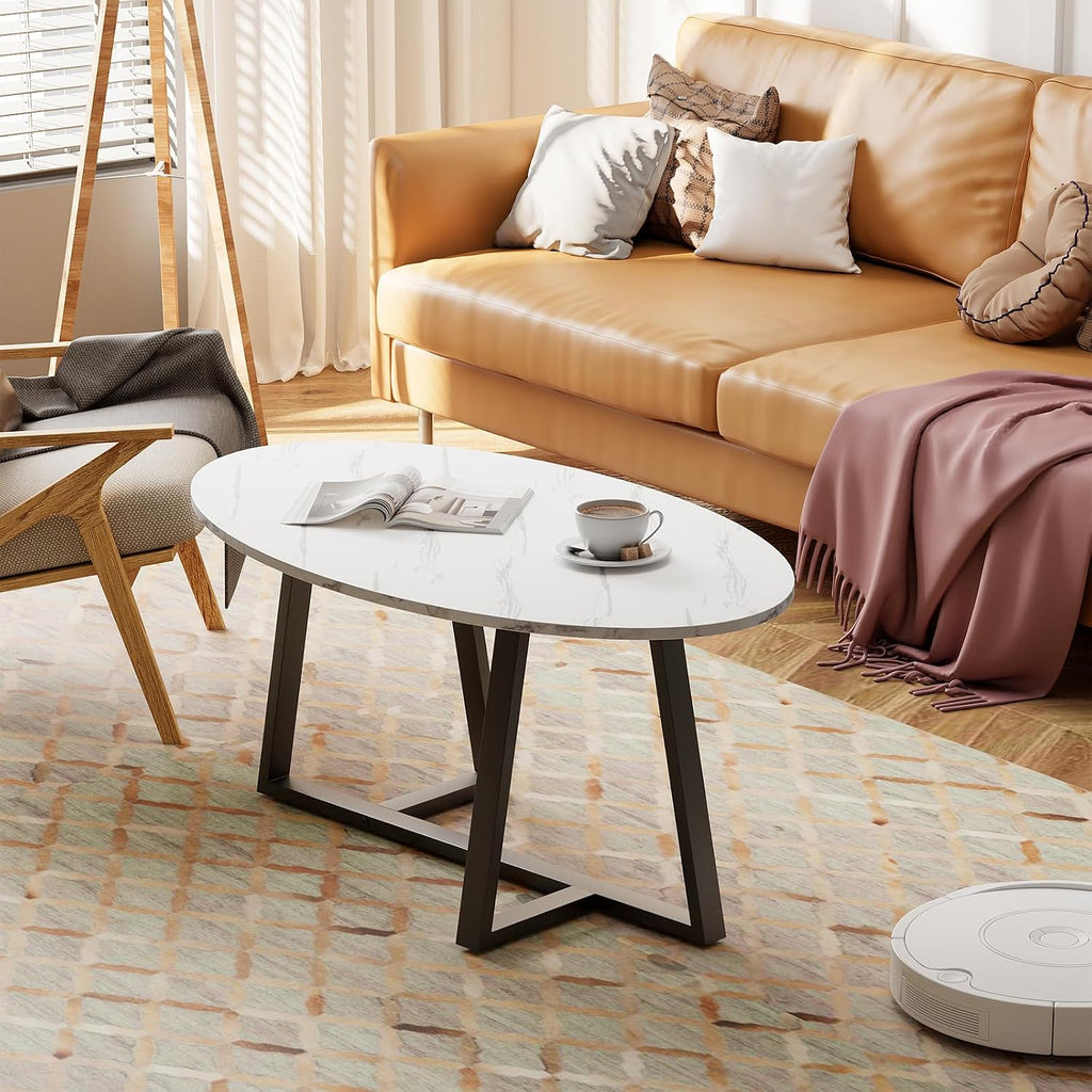 White Faux Marble Oval Coffee Table