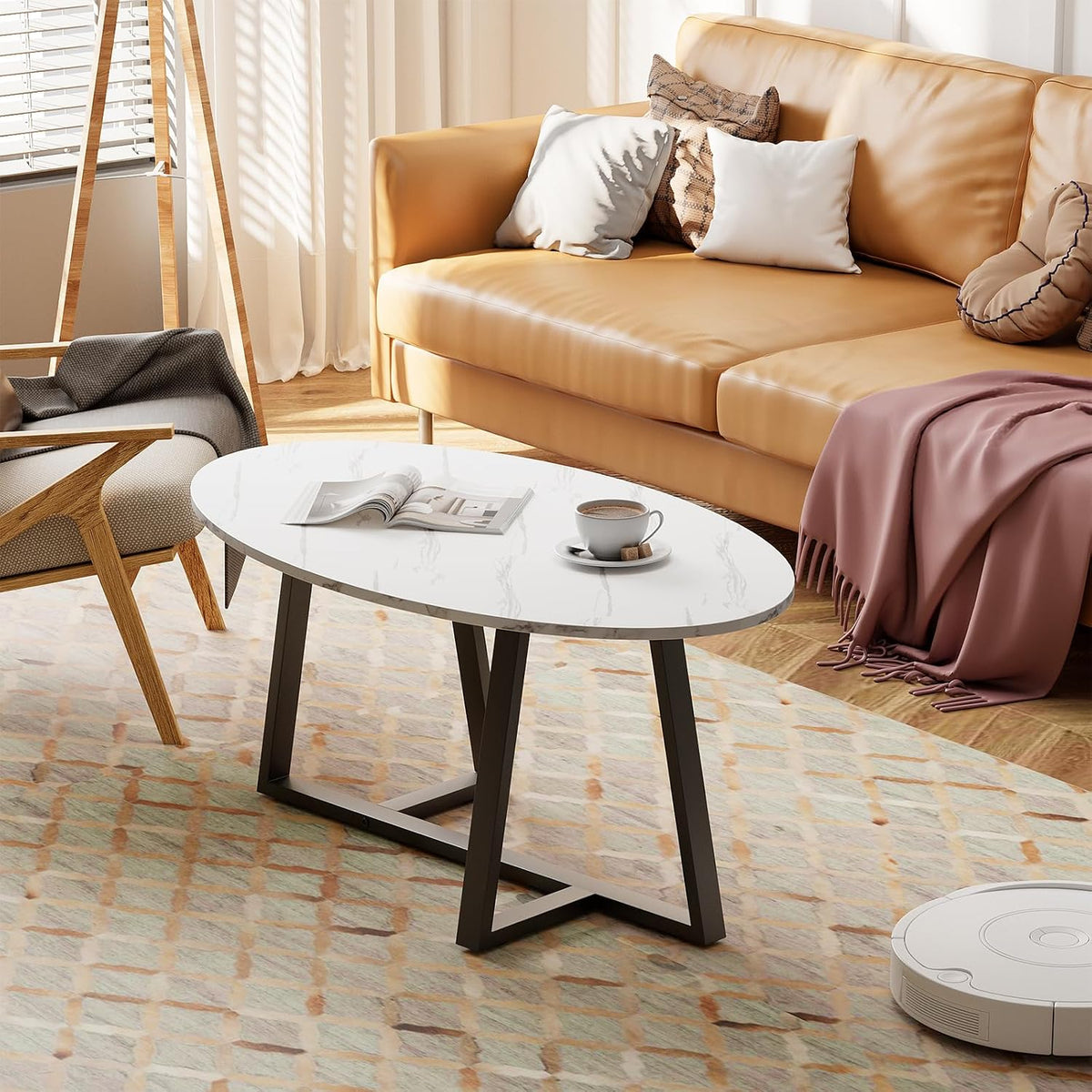 White Faux Marble Oval Coffee Table