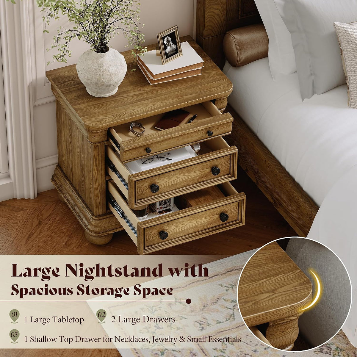 3‑Drawer Solid Wood Nightstand