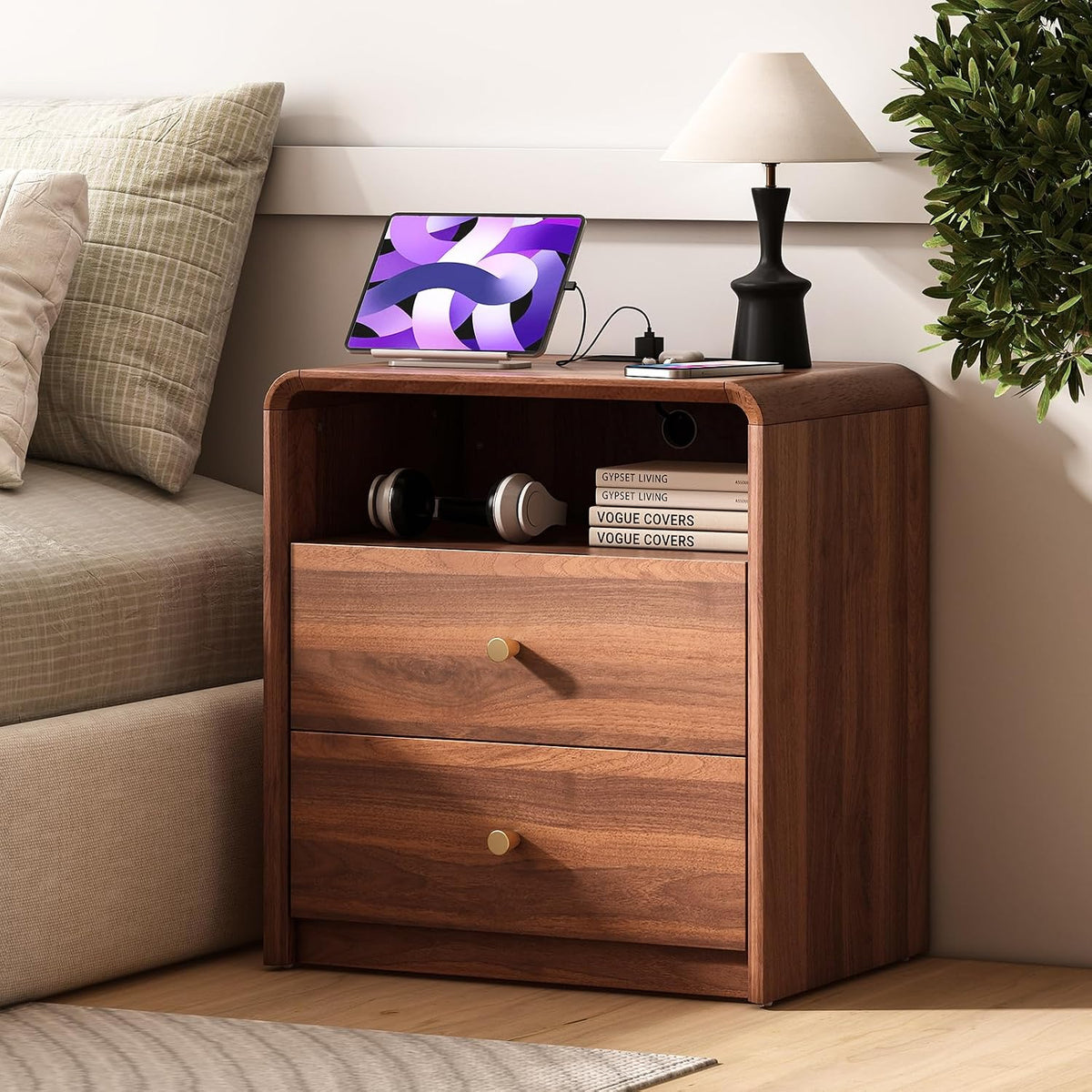 Mid‑Century Wood Nightstand with Lockable Drawer