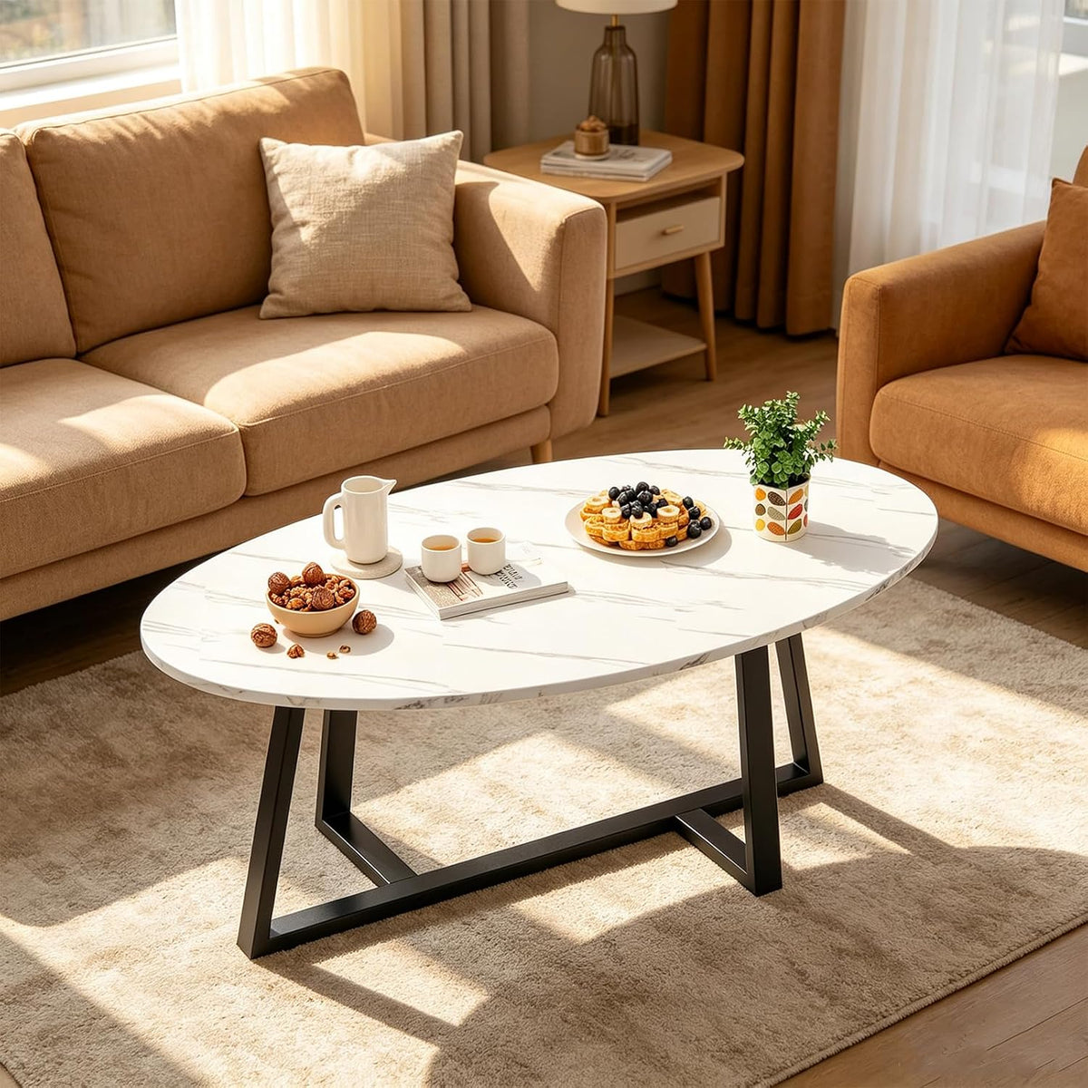 White Faux Marble Oval Coffee Table
