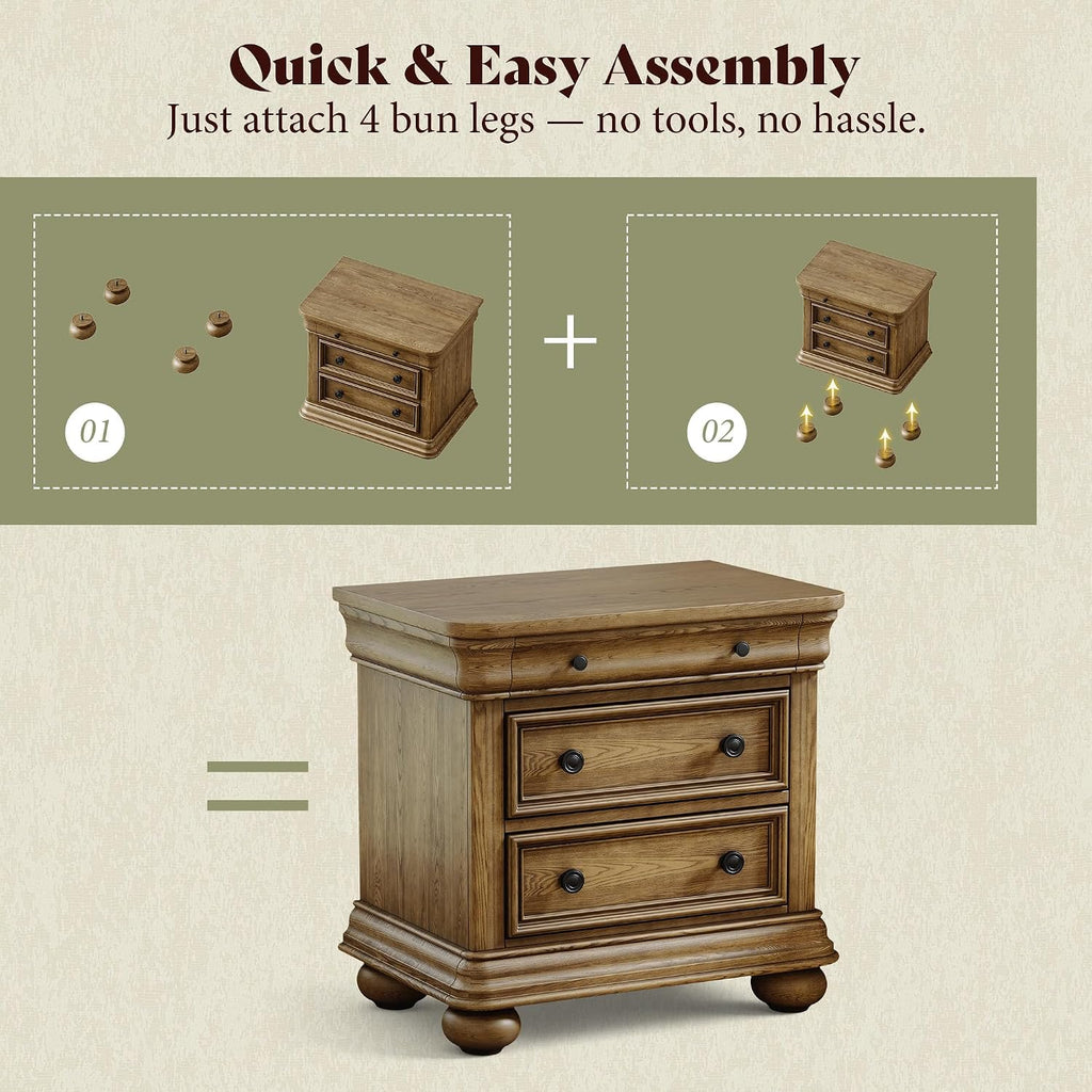 3‑Drawer Solid Wood Nightstand