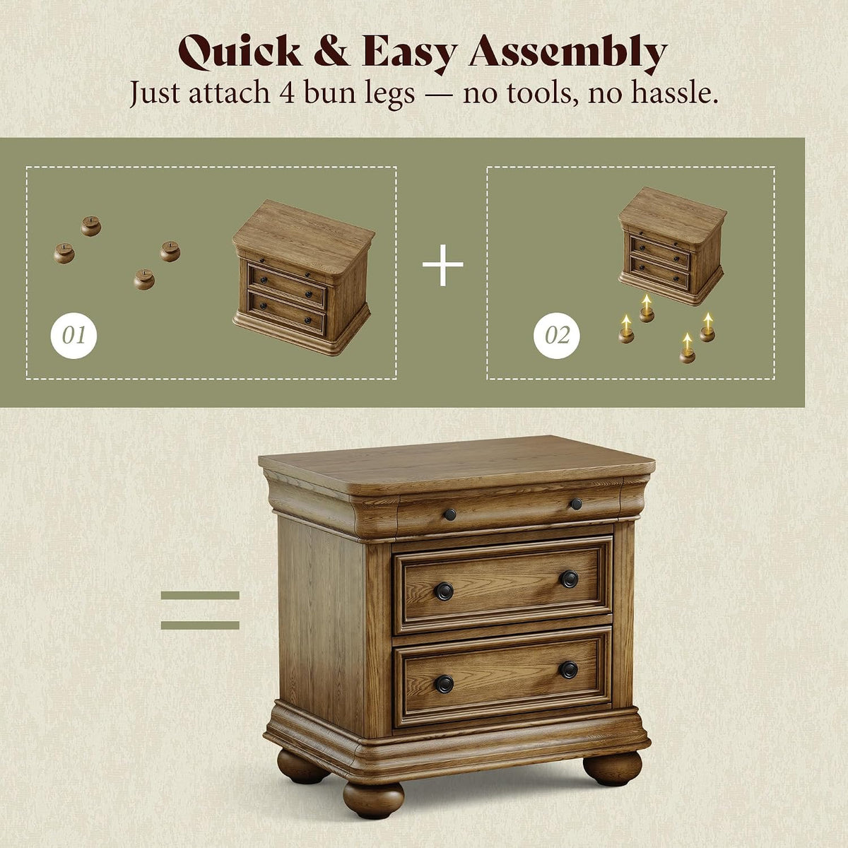 3‑Drawer Solid Wood Nightstand