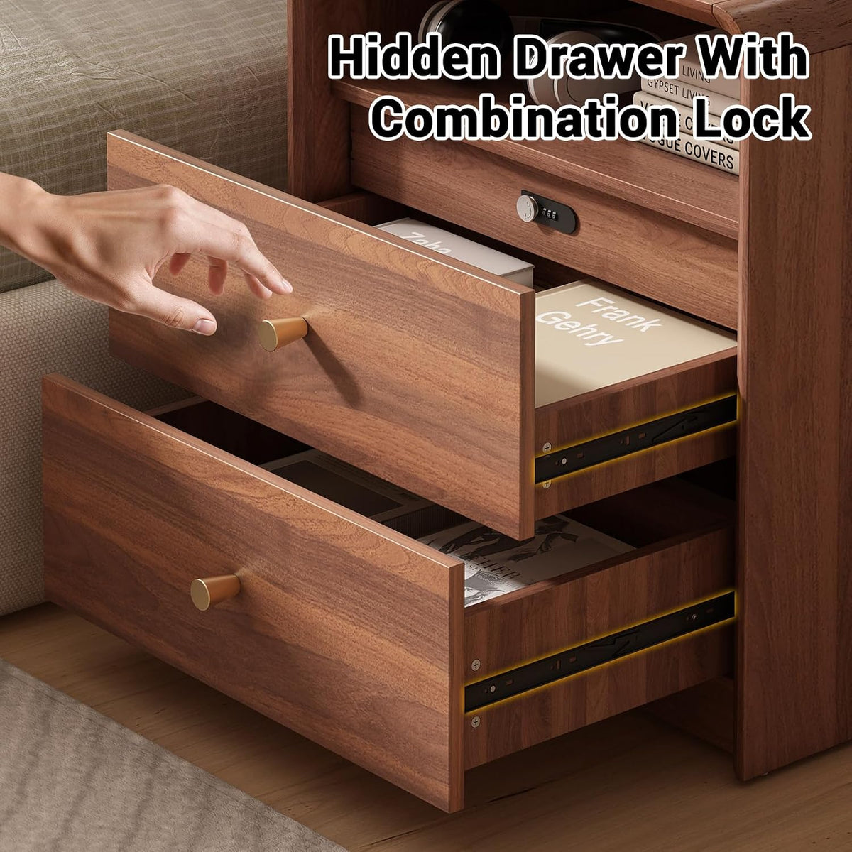 Mid‑Century Wood Nightstand with Lockable Drawer