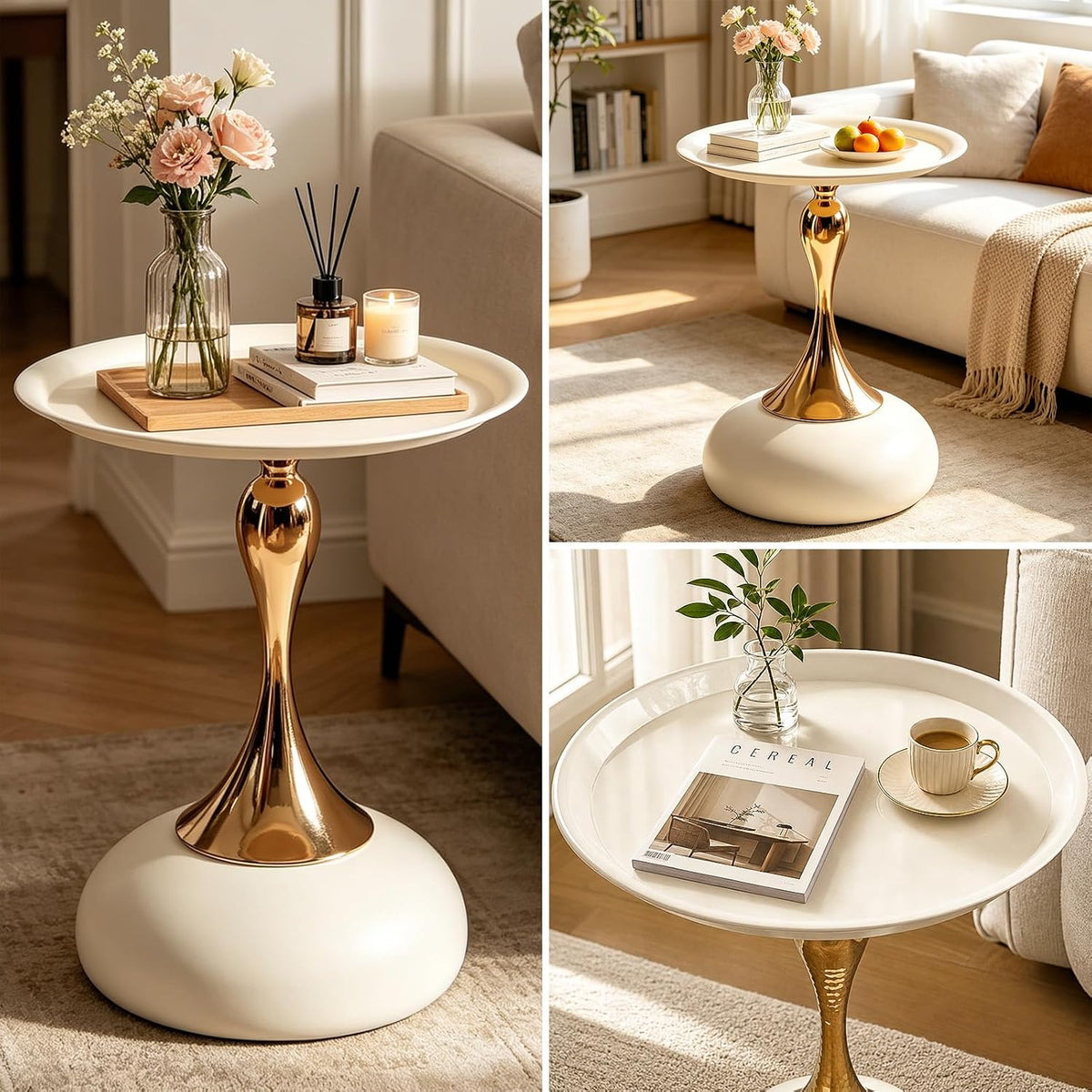Gold Metal Pedestal Round Tray‑Top Side Table