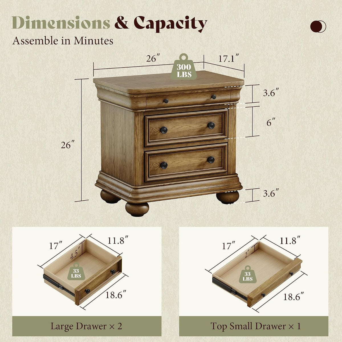 3‑Drawer Solid Wood Nightstand