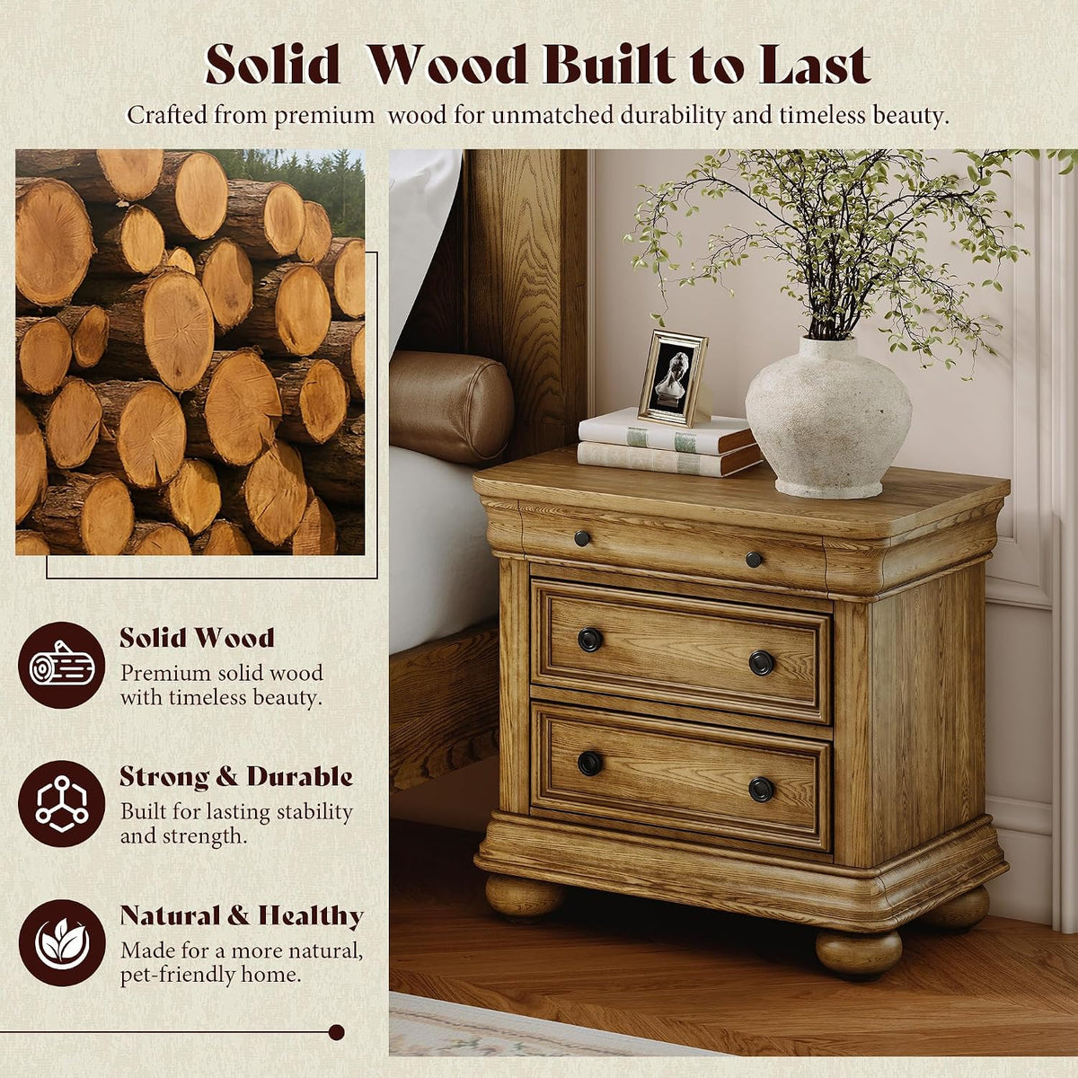3‑Drawer Solid Wood Nightstand