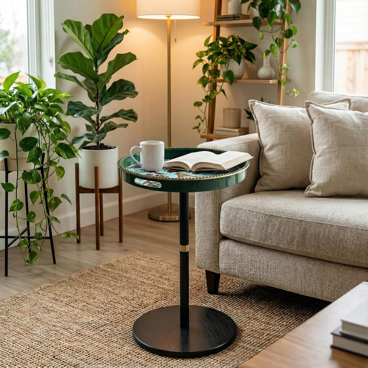 Boho Round Tray‑Top Side Table