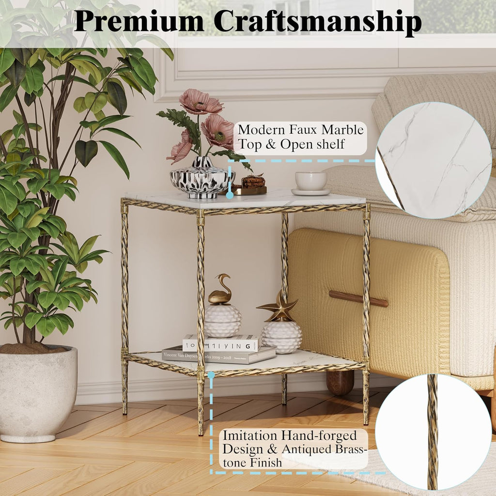 2‑Tier Gold White Square End Table